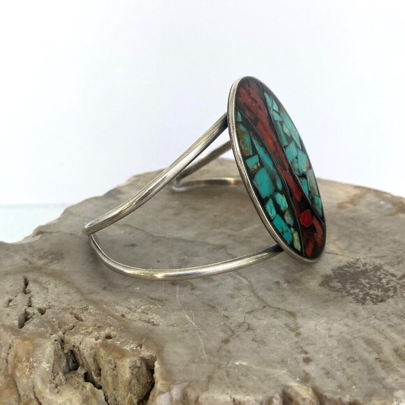 VTG Sterling Silver 925 Southwest Oval Crushed Turquoise Coral Cuff Bracelet - Picture 6 of 16